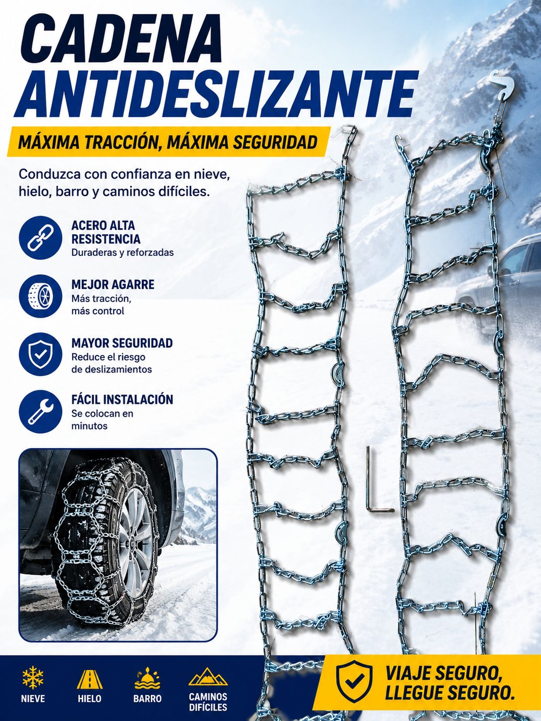 Cadena Antideslizante para Neumáticos Nieve, Hielo y Barro 1118