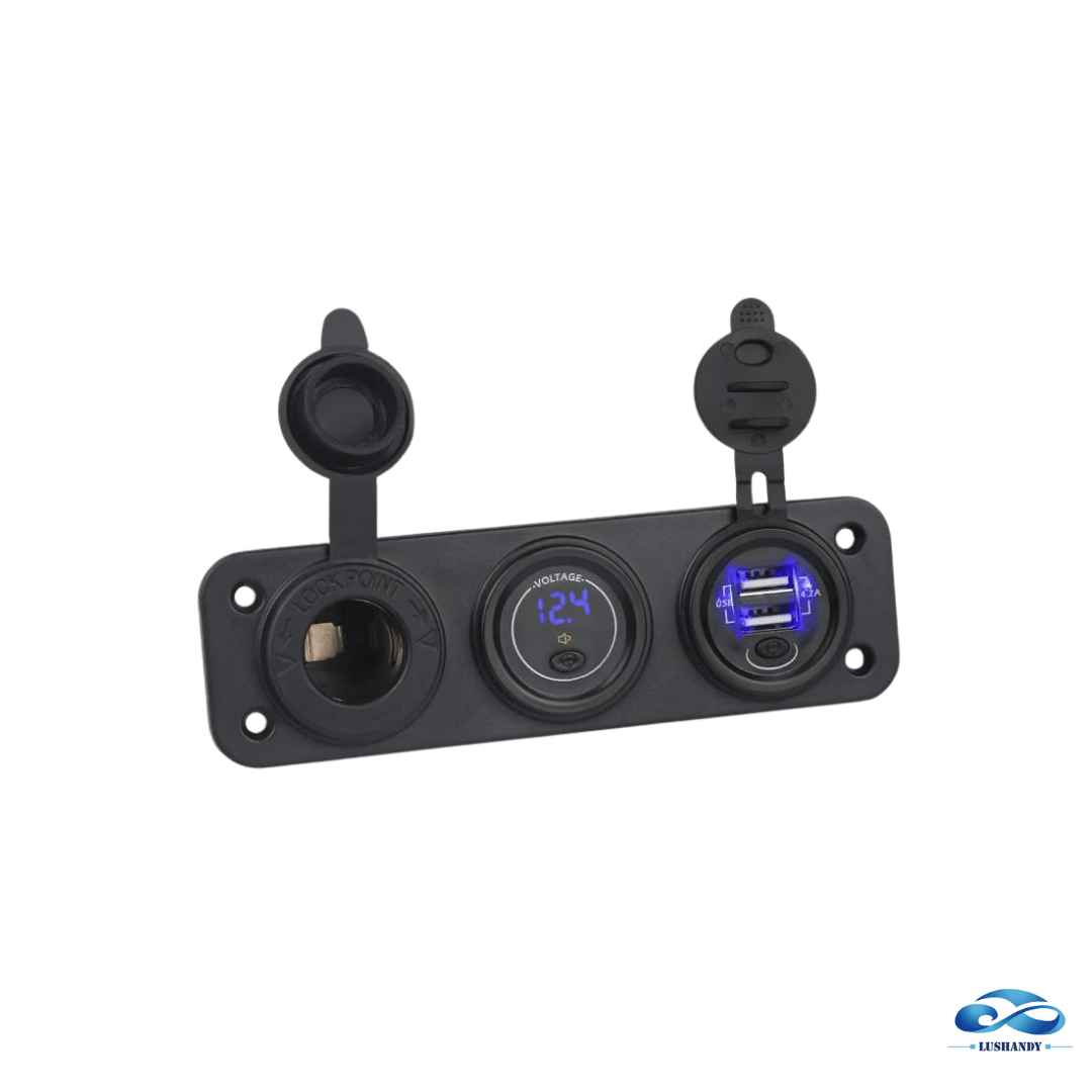 Panel De Conectores USB Cargador Encendedor + Voltímetro  12-24V